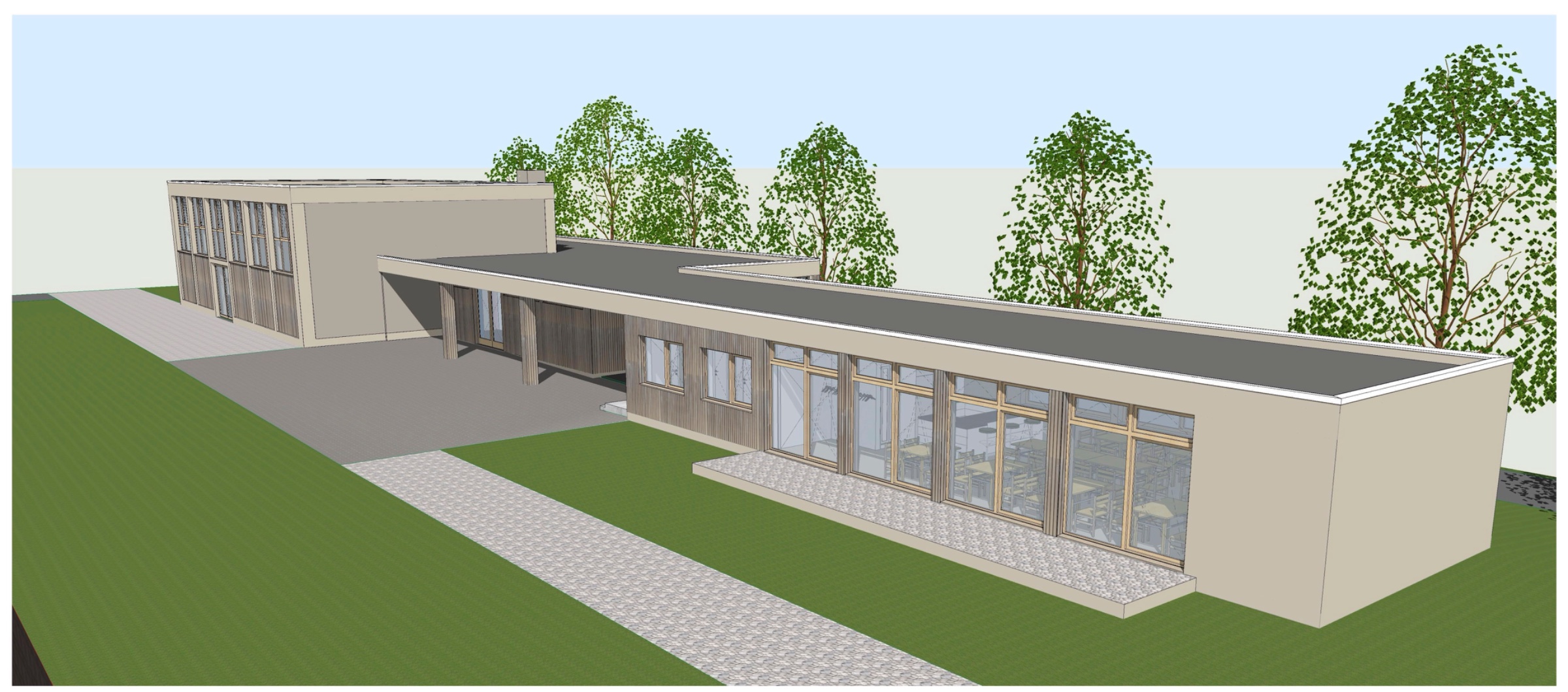 So soll die Turnhalle (hinten) und der verlängerte Anbau nach der Sanierung aussehen